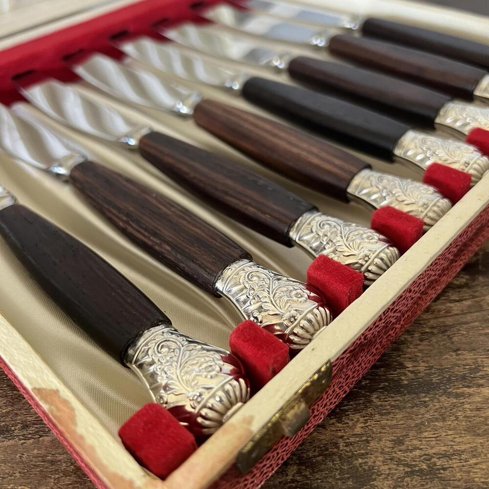 Vintage Boxed Knife Set Dormer Of Sheffield England Rosewood Handle Silverplated